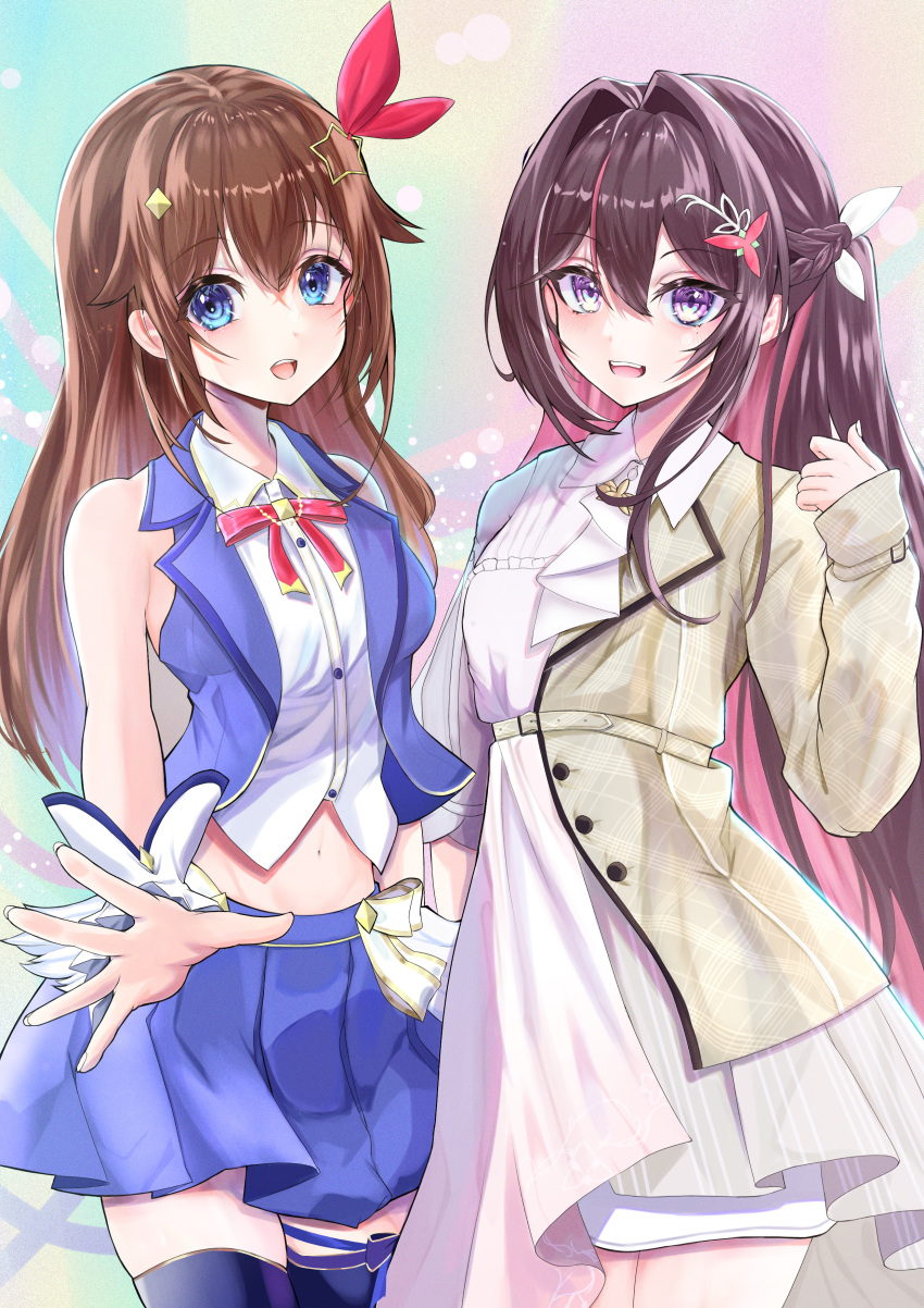 2girls absurdres ascot azki_(4th_costume)_(hololive) azki_(hololive) bare_arms bare_shoulders blue_eyes blue_skirt blue_thighhighs blue_vest blush bow bowtie braid brown_hair brown_jacket collared_dress collared_shirt colored_inner_hair cowboy_shot cropped_shirt cropped_vest diamond_hair_ornament double-parted_bangs dress flower french_braid gradient_dress grey_dress hair_between_eyes hair_flaps hair_flower hair_intakes hair_ornament hair_ribbon hairclip half_updo high-low_skirt highres hololive jacket leg_ribbon long_hair looking_at_viewer miniskirt mole mole_under_eye multicolored_hair multiple_girls nyarocks open_mouth pink_dress pink_hair pleated_skirt puffy_sleeves purple_eyes red_bow red_bowtie red_ribbon ribbon shirt short_ponytail sidelocks skirt skirt_under_dress sleeveless sleeveless_shirt sleeves_past_elbows smile star_(symbol) star_hair_ornament streaked_hair striped striped_dress thigh_ribbon thighhighs tokino_sora tokino_sora_(1st_costume) vertical-striped_dress vertical_stripes very_long_hair vest virtual_youtuber white_ascot white_dress white_shirt white_skirt wrist_cuffs