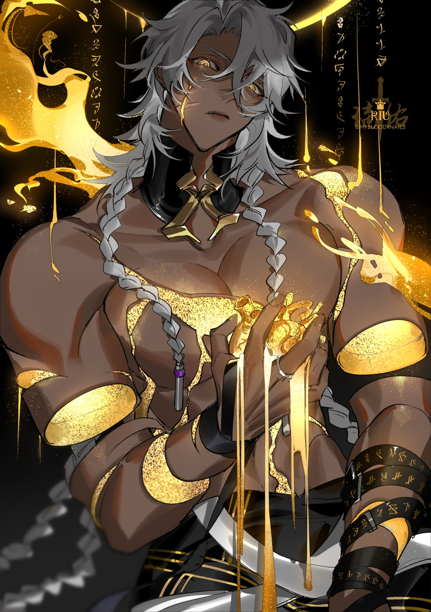 1boy abs absurdres braid closed_mouth collarbone dark_skin detached_arm english_commentary heart heart_(organ) highres holding holding_heart honkai:_star_rail honkai_(series) jewelry looking_at_viewer male_focus muscular mybloodynails nanook_(honkai:_star_rail) parted_bangs pectorals ring simple_background solo topless topless_male twitter_username upper_body white_hair yellow_eyes