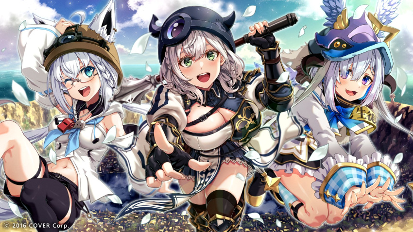 3girls ahoge amane_kanata amane_kanata_(1st_costume) animal_ear_fluff animal_ears arm_above_head black_gloves black_thighhighs blue_eyes braid breasts buru-dai cleavage cloud cloudy_sky detached_sleeves fingerless_gloves fox_ears fox_girl gloves green_eyes grey_hair hair_between_eyes highres hololive knee_strap large_breasts long_hair long_sleeves medium_breasts medium_hair multicolored_eyes multiple_girls navel official_art one_eye_closed open_mouth pointing pointing_at_viewer purple_eyes shirakami_fubuki shirakami_fubuki_(1st_costume) shirogane_noel shirogane_noel_(1st_costume) sidelocks single_thighhigh sky small_breasts smile socks striped striped_socks teeth thighhighs upper_teeth_only white_hair wide_sleeves
