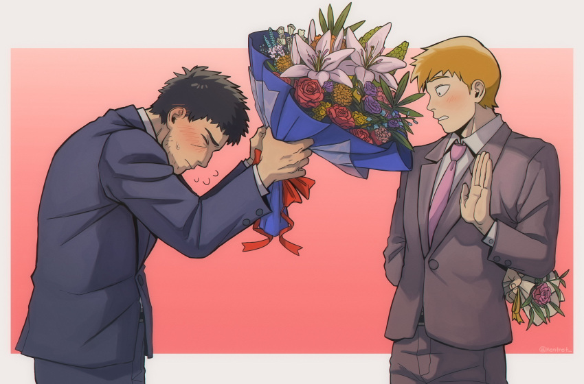 2boys absurdres belt black_belt black_hair black_jacket black_pants blush bouquet brown_jacket brown_pants closed_eyes closed_mouth couple facial_hair flower highres holding holding_bouquet jacket kentret looking_at_another male_focus mob_psycho_100 multiple_boys orange_hair pants reigen_arataka serizawa_katsuya short_hair simple_background yaoi