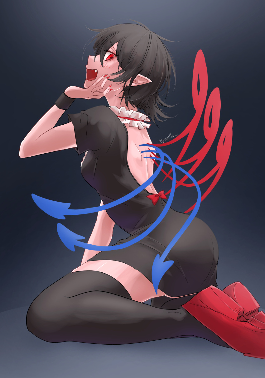 1girl absurdres ass asymmetrical_wings back_bow backless_dress backless_outfit black_dress black_hair black_thighhighs blue_wings blush bow breasts collar commentary_request dress fang fingernails frilled_collar frills from_behind full_body grey_background hair_between_eyes highres houjuu_nue kneeling long_bangs looking_at_viewer looking_to_the_side nail_polish open_mouth panilla pointy_ears red_bow red_eyes red_footwear red_nails red_wings short_hair short_sleeves small_breasts smile solo thighhighs touhou wings wristband