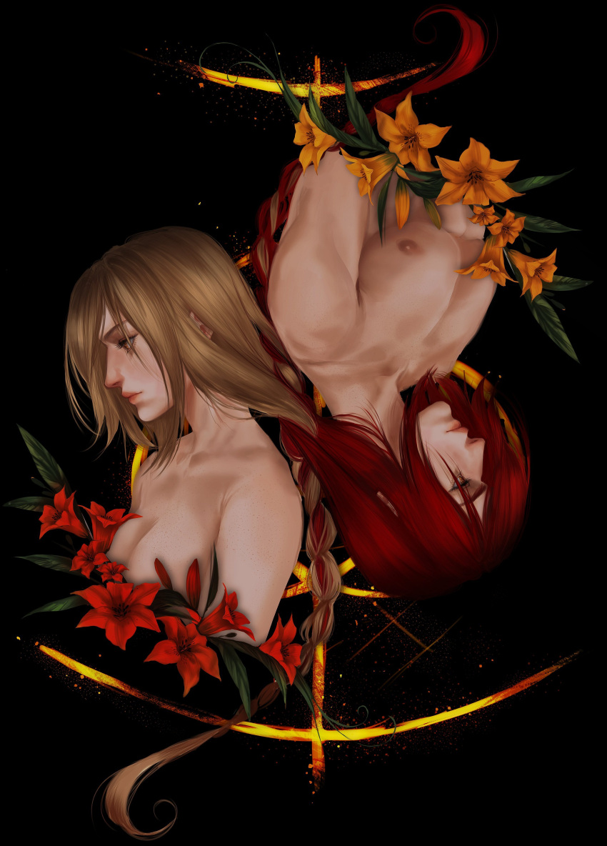 1boy 1girl absurdres back-to-back bare_arms bare_pectorals bare_shoulders black_background blonde_hair body_freckles braid breasts cleavage couple elden_ring elden_ring_(object) facing_away flower freckles from_side hair_over_eyes highres husband_and_wife intertwined_hair long_braid long_hair looking_to_the_side medium_breasts muscular muscular_male pectorals queen_marika_the_eternal radagon_of_the_golden_order raviollies red_flower red_hair rotational_symmetry single_braid symmetry topless_male very_long_hair yellow_eyes yellow_flower