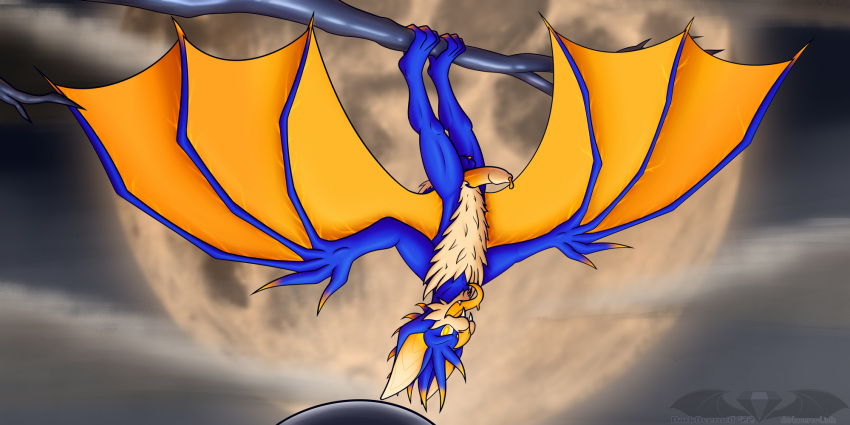 &gt;:d 2022 2:1 anthro ball_tuft balls bat bat_wings belly blue_body blue_fur blue_hair bodily_fluids branch cheek_tuft chin_tuft claws cloud darkoverord detailed_background digital_drawing_(artwork) digital_media_(artwork) facial_tuft fangs fauxhawk ferris_brubat first_person_view flashlight fluffy_chest fur genital_fluids genitals glowing glowing_claws glowing_ears glowing_eyes glowing_hair glowing_nose glowing_pupils glowing_tongue glowing_veins hair hanging_by_feet hanging_from_branch head_tuft hi_res humanoid_genitalia humanoid_penis looking_at_viewer male mammal membrane_(anatomy) membranous_wings multicolored_hair night orange_body orange_eyes orange_fur orange_hair orange_membrane orange_moon orange_tongue penis precum solo supermoon tan_belly tan_body tan_fur teeth tongue tongue_out tuft two_tone_hair unusual_bodily_fluids unusual_genital_fluids unusual_precum upside_down wings