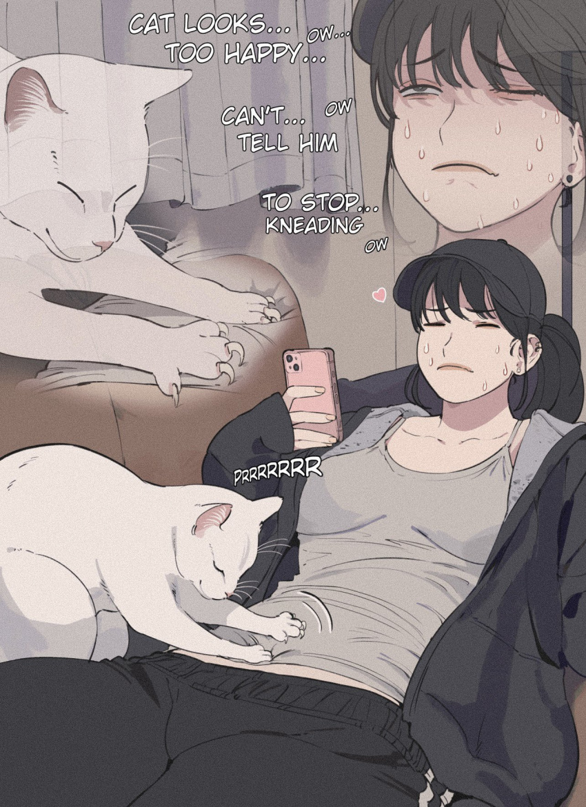 1girl baseball_cap black_hair camisole cat cellphone closed_eyes english_text giganticbuddha hat highres holding holding_phone jacket kneading lying multiple_views original pants phone sleeves_past_wrists smartphone sweat sweating_profusely track_pants