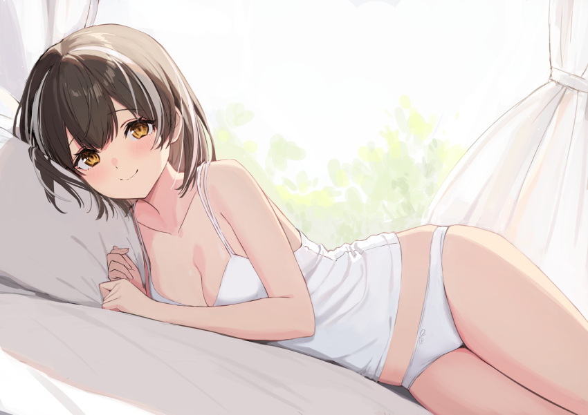 1girl arknights black_hair blush breasts camisole cleavage closed_mouth collarbone highres large_breasts looking_at_viewer lying magallan_(arknights) multicolored_hair nipples on_side panties pillow sigm@ smile solo streaked_hair underwear white_camisole white_hair white_panties yellow_eyes