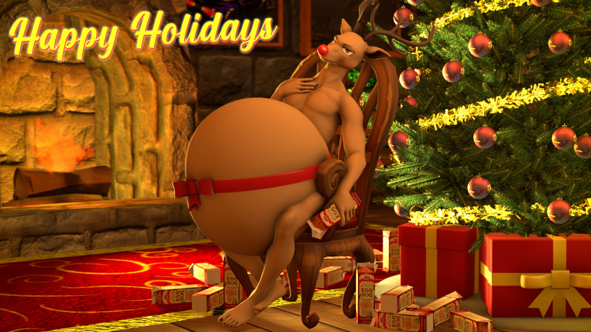 3d_(artwork) anthro beastars belly bloated christmas christmas_tree deer digital_media_(artwork) eggnog fake_nose fernkarrythewolf hi_res holidays inflation liquid louis_(beastars) male mammal overweight plant red_nose ribbons solo source_filmmaker tree