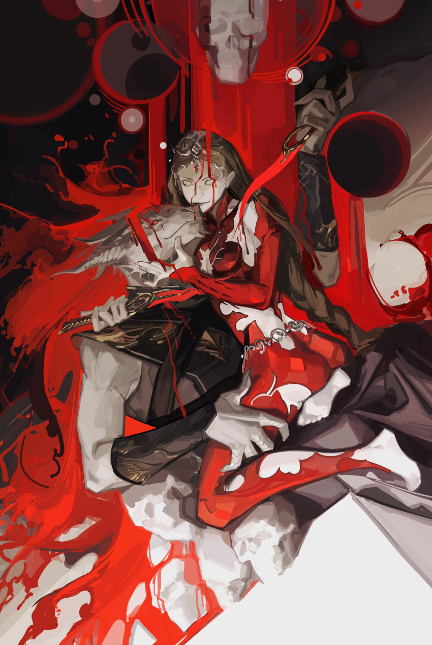 1boy 1girl abstract_background absurdres arm_around_neck arm_up back_cutout baldur's_gate baldur's_gate_3 barefoot black_background black_robe blank_eyes blonde_hair blood blood_on_clothes blood_on_face blood_on_hands bodysuit braid brother_and_sister circlet clothing_cutout dagger dark_urge_(baldur's_gate_3) detached_sleeves dragon_boy dripping dungeons_and_dragons dutch_angle feet_out_of_frame from_side furry furry_male hand_on_another's_face headpiece highres holding holding_dagger holding_knife holding_weapon horns knife limited_palette long_hair orin_the_red red_bodysuit red_eyes robe siblings sin_node single_braid sitting sitting_on_lap sitting_on_person skull smile weapon