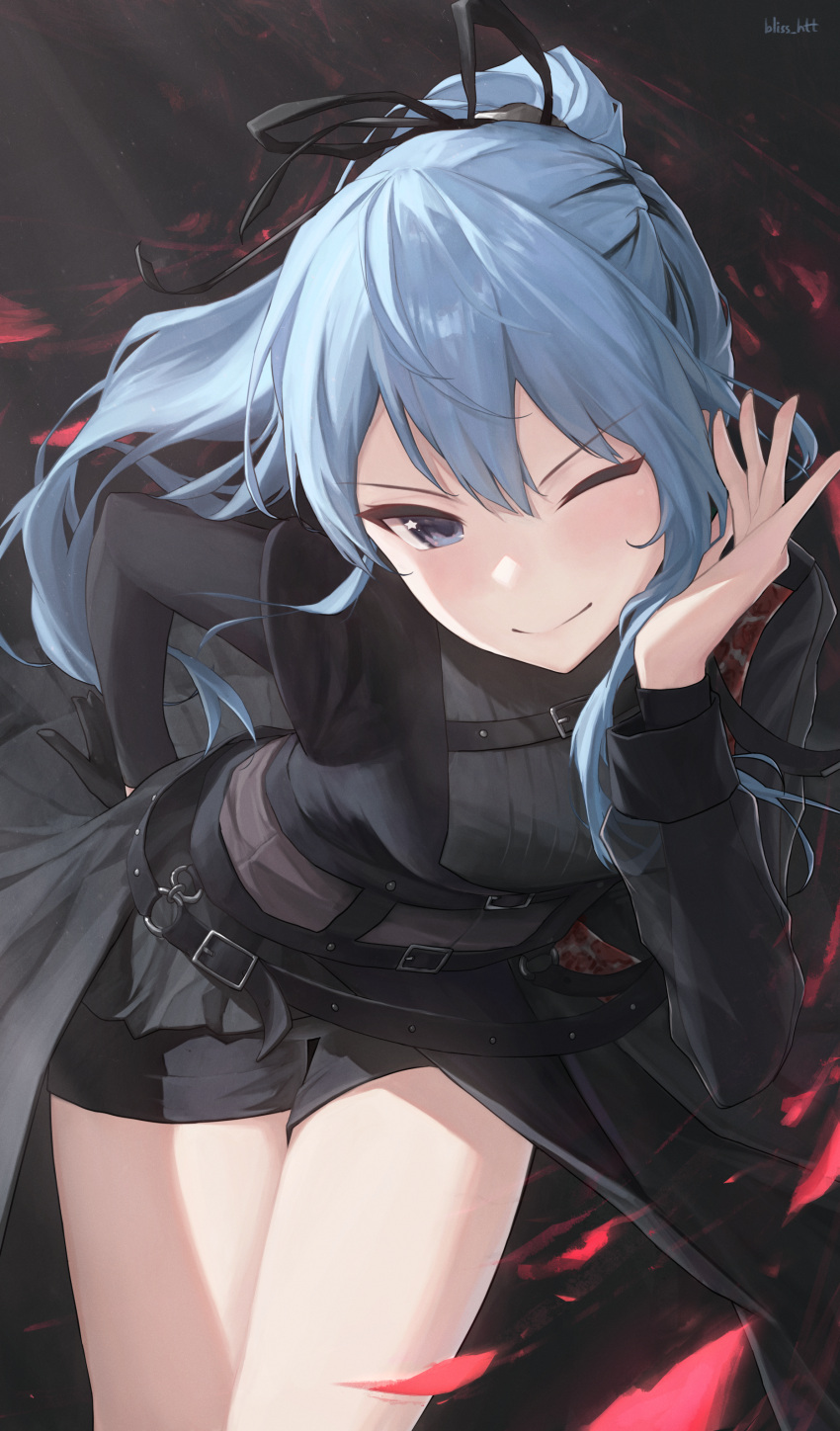 1girl absurdres belt bent_over black_background black_belt black_gloves black_shorts bliss_htt blue_eyes blue_hair breasts closed_mouth falling_petals gloves hand_on_own_hip high_ponytail highres hololive hoshimachi_suisei hoshimachi_suisei_(shout_in_crisis) leaning_forward long_sleeves looking_at_viewer official_alternate_costume official_alternate_hairstyle one_eye_closed petals short_shorts shorts single_glove small_breasts smile solo star_(symbol) star_in_eye symbol_in_eye thighs v-shaped_eyebrows virtual_youtuber