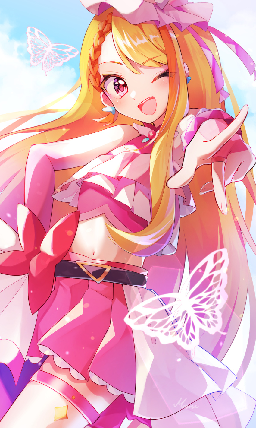 1girl ;d asymmetrical_clothes asymmetrical_legwear belt_bow blonde_hair bow brown_hair commentary_request cure_butterfly earrings eyelashes happy highres hijiri_ageha hirogaru_sky!_precure jewelry long_hair looking_at_viewer magical_girl mani_(second-dimension) midriff miniskirt multicolored_hair navel one_eye_closed open_mouth pantyhose pink_bow pink_eyes pink_headwear pink_shirt pink_skirt precure shirt single_leg_pantyhose skirt smile solo standing streaked_hair two-tone_hair very_long_hair
