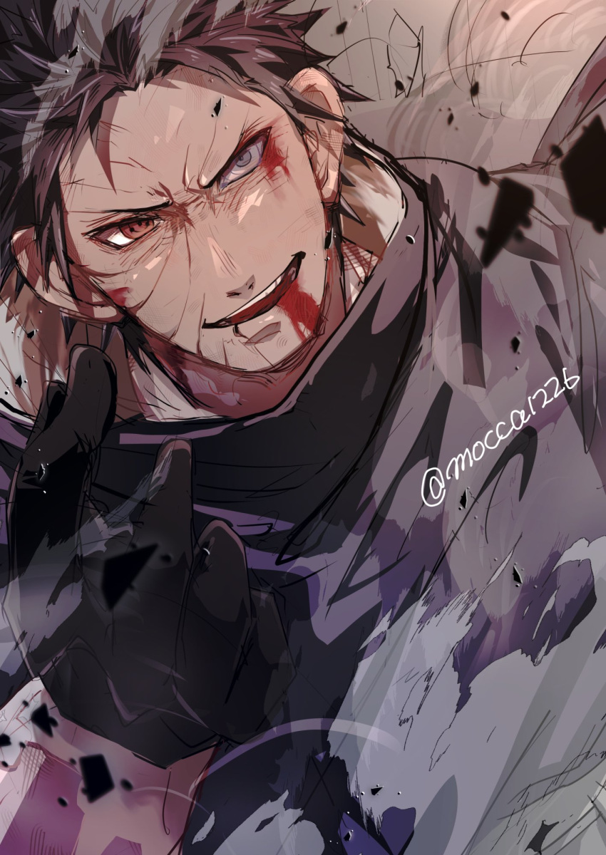 1boy black_gloves black_hair bleeding blood blood_from_eyes blood_from_mouth gloves hand_up highres male_focus mismatched_sclera mocca1226 naruto_(series) naruto_shippuuden red_eyes rinnegan scar scar_on_face sharingan short_hair smirk solo uchiha_obito upper_body wrinkled_skin