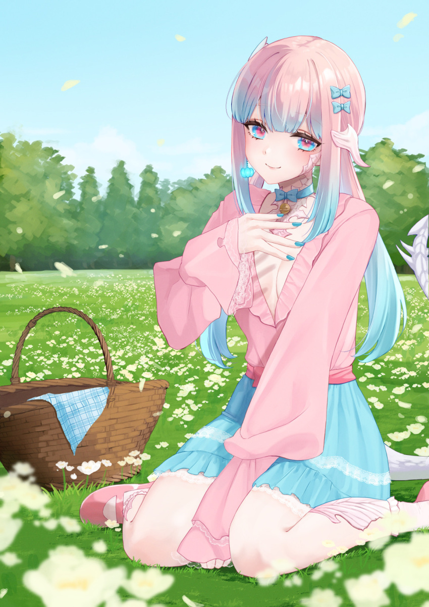 1girl au_ra basket bell between_legs blue_bow blue_choker blue_eyes blue_hair blue_nails blue_skirt blue_sky blurry blurry_background bow bow_choker breasts choker commission dragon_girl dragon_tail earrings falling_leaves final_fantasy final_fantasy_xiv flower gradient_hair grass hair_bow hand_between_legs highres jewelry leaf long_hair multicolored_hair neck_bell pink_eyes pink_footwear pink_hair pink_shirt plunging_neckline ramachiru scales shirt sitting skeb_commission skirt sky sleeves_past_wrists solo tail tree two-tone_eyes wariza white_flower