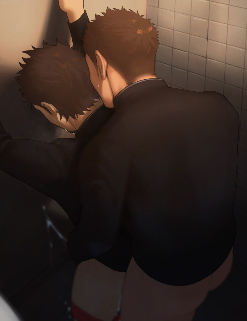 2boys anal bara cum cum_overflow ejaculating_while_penetrated ejaculation facial_hair facing_away from_above goatee goburin_second highres male_focus multiple_boys original sex short_hair sideburns solo_focus standing standing_sex sweat tile_wall tiles toilet very_sweaty yaoi
