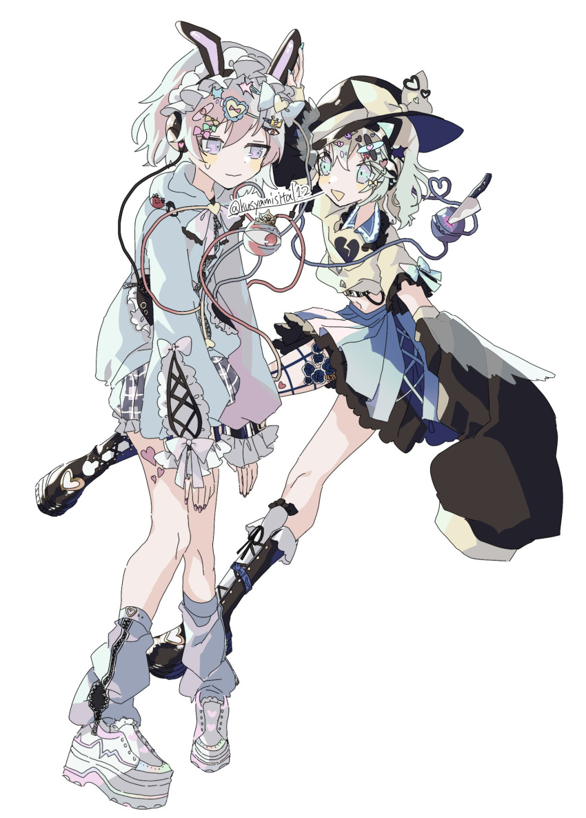 2girls :d adapted_costume animal_ears bandaid_hair_ornament black_footwear black_hairband black_headwear black_skirt black_sleeves blood blue_bow blue_hoodie blush boots bow bowtie character_pin closed_mouth collared_shirt commentary crown crown_hair_ornament detached_sleeves eye_hair_ornament fake_animal_ears fingernails floating frilled_hairband frilled_shirt_collar frilled_skirt frills full_body green_bow green_eyes green_hair green_nails grey_skirt hair_bow hair_ornament hairband hand_on_another's_ear hat hat_bow headphones heart heart_hair_ornament heart_of_string highres hood hood_down hoodie kaenbyou_rin kaenbyou_rin_(cat) knee_boots knife komeiji_koishi komeiji_satori kusyamisital125 leg_warmers long_sleeves looking_at_another medium_hair multiple_girls nail_polish navel pink_blood pink_bow pink_hair pink_nails plaid plaid_skirt purple_eyes rabbit_ears red_eyes reiuji_utsuho reiuji_utsuho_(bird) shirt shoes short_hair simple_background skirt skull_hair_ornament sleeves_past_fingers sleeves_past_wrists smile sneakers sweatdrop third_eye touhou twitter_username wavy_mouth white_background white_bow white_bowtie white_footwear yellow_bow yellow_shirt zipper zipper_pull_tab