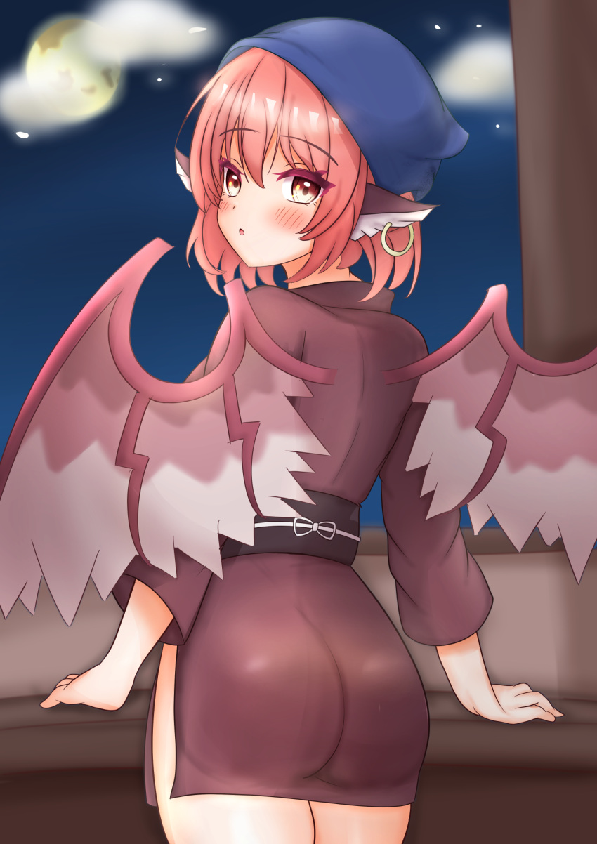 1girl animal_ears ass bird_ears bird_wings blue_headwear blush brown_kimono cowboy_shot earrings full_moon hair_between_eyes head_scarf highres japanese_clothes jewelry kasoka_soka kimono long_sleeves moon mystia_lorelei okamisty parted_lips pink_hair short_hair single_earring solo touhou white_wings wings yellow_eyes