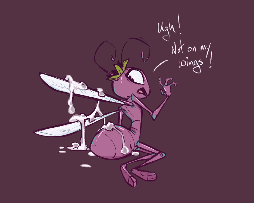 2023 a_bug's_life after_sex ant antennae_(anatomy) anthro arthropod arthropod_abdomen cum_on_wings dialogue disney female fluttershythekind hi_res hymenopteran insect insect_wings nude pixar princess_atta purple_body simple_background solo wings