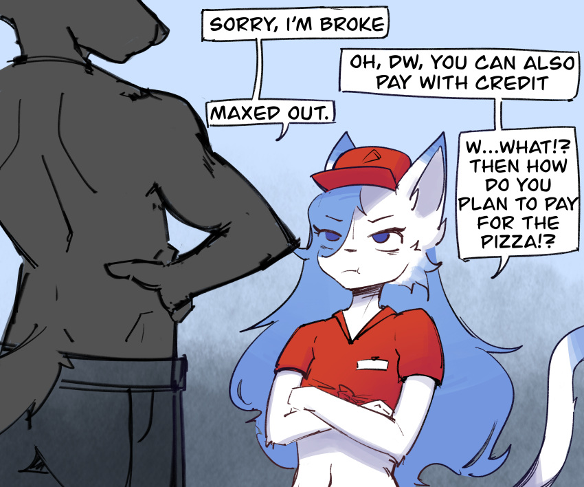 6:5 absurd_res anthro black_body blue_hair canid canine canis clothing crop_top delivery_(commerce) dialogue ds0ivi0 duo english_text felid feline food_delivery hair hi_res humanoid male male/male mammal pizza_delivery shirt speech_bubble stiria text topwear white_body wolf