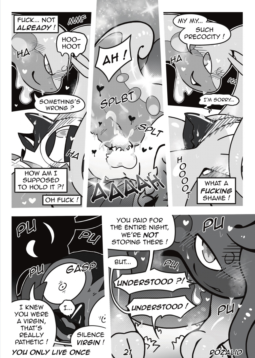 &lt;3 absurd_res ambiguous_fluids anthro avian balls beak bedroom_eyes bird blush bodily_fluids bottomwear breath claws clothing comic cowgirl_position cum cum_in_pussy cum_inside decidueye dialogue doujinshi duo ejaculation embarrassed english_text female first_person_view from_front_position generation_6_pokemon generation_7_pokemon genital_fluids genitals glistening glistening_body glistening_genitalia goo_creature goodra heart_eye hi_res hotpants looking_at_another looking_at_partner looking_at_viewer looking_down looking_pleasured loss_of_virginity louis_(decidueye) lube lying male male/female manga monochrome mugu_(goodra) narrowed_eyes nintendo on_back on_bottom on_top overweight overweight_anthro overweight_female panting penetrating_pov penetration penis pokemon pokemon_(species) prostitution pussy riding riding_cock rozalid seductive sex shaming shorts slime smile speech_bubble steam sweat sweatdrop text thought_bubble vaginal vaginal_penetration you_only_live_once