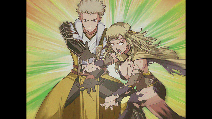 1boy 1girl armor black_bridal_gauntlets blonde_hair bodystocking breasts cape circlet cleavage commission commissioner_upload covered_navel father_and_daughter fire_emblem fire_emblem_awakening fire_emblem_fates gloves gold_cape gold_panties grey_eyes heel-less_legwear highres hip_armor japanese_armor kshatriya_666 long_hair looking_at_viewer medium_breasts non-web_source official_alternate_costume open_mouth ophelia_(fire_emblem) owain_(fire_emblem) panties parody short_hair simple_background thighhighs underwear yellow_panties