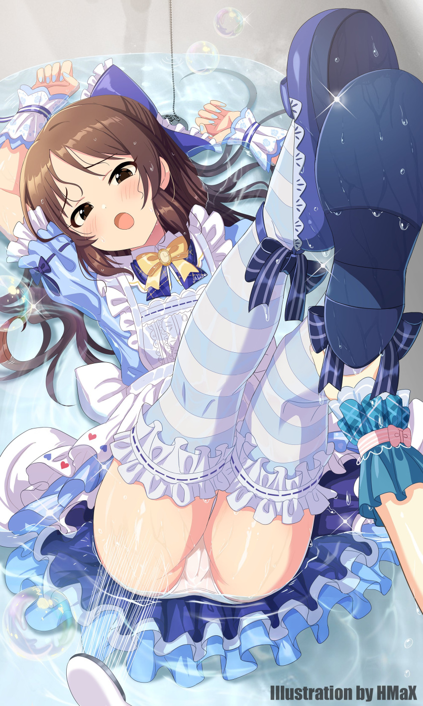 1girl absurdres bathtub blue_dress blue_nails blush bow bowtie brown_eyes brown_hair commentary_request dress frilled_dress frilled_thighhighs frills hair_bow highres hmax idolmaster idolmaster_cinderella_girls legs_up lolita_fashion long_hair looking_at_viewer lying mary_janes on_back open_mouth panties pov pov_hands shoes short_sleeves shower_head solo striped striped_thighhighs tachibana_arisu thighhighs thighs underwear white_panties wrist_cuffs yellow_bow yellow_bowtie