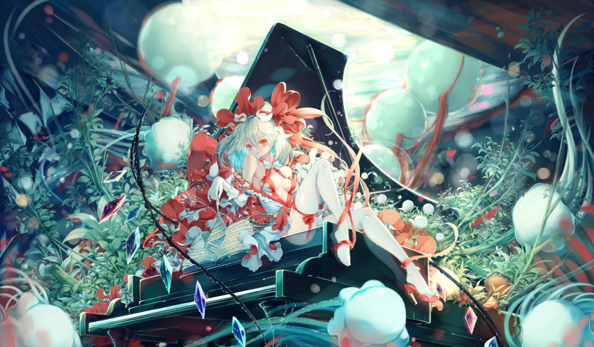 1girl absurdres alternate_costume bare_shoulders blonde_hair blush bow bowtie breasts bubble center_opening chinese_commentary commentary_request crystal dress fang flandre_scarlet flower full_body gloves grand_piano hair_between_eyes hair_ribbon high_heels highres instrument jellyfish leaf looking_at_viewer medium_hair on_piano parted_lips partial_commentary piano plant pointy_ears red_eyes red_flower red_footwear red_ribbon red_rose revision ribbon rose seelehan sheet_music shoes single_shoe sitting small_breasts smile solo thighhighs toes touhou wet white_bow white_bowtie white_dress white_flower white_gloves white_thighhighs wings