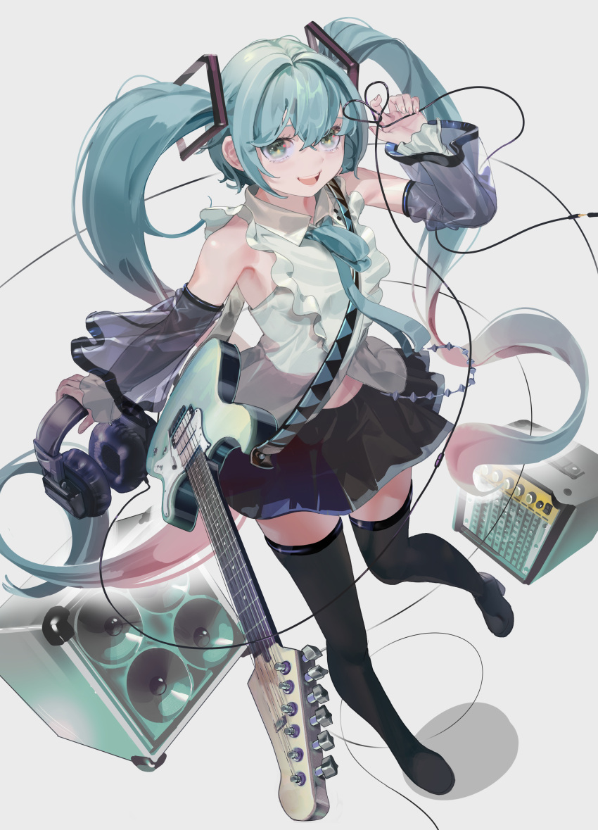 1girl :d absurdres amplifier audio_jack bare_shoulders belt black_skirt black_sleeves black_thighhighs blue_eyes blue_hair boots collared_shirt detached_sleeves electric_guitar floating_hair guitar hair_between_eyes hair_ornament hatsune_miku hatsune_miku_(nt) headphones highres holding holding_headphones instrument long_hair long_sleeves looking_at_viewer loose_belt miniskirt nik_ibi open_mouth piapro pleated_skirt shadow shirt sidelocks simple_background skirt sleeveless sleeveless_shirt smile solo speaker teeth thigh_boots thighhighs twintails upper_teeth_only vocaloid white_background white_shirt