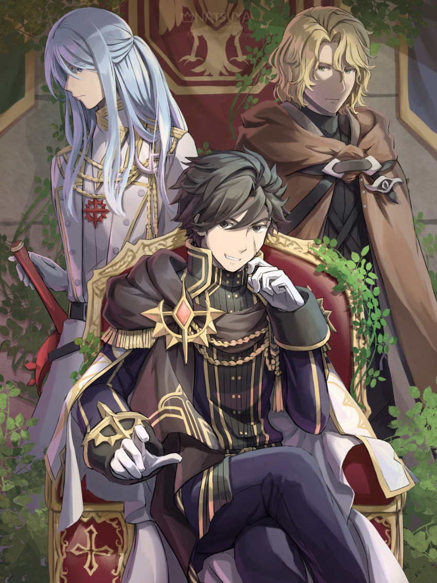 3boys artist_name banner black_coat black_eyes black_hair black_shirt blonde_hair brown_cloak buttons cloak closed_mouth coat commentary_request cross crossed_legs expressionless feet_out_of_frame gloves green_eyes grey_eyes grey_hair grin heinrich_(ragnarok_online) highres king_schmidt long_bangs long_hair long_sleeves looking_at_viewer male_focus military multiple_boys natsuya_(kuttuki) overgrown plant ponytail ragnarok_online scar scar_on_cheek scar_on_face shirt short_hair smile sword throne varmunt vines weapon web_address white_coat white_gloves white_shirt