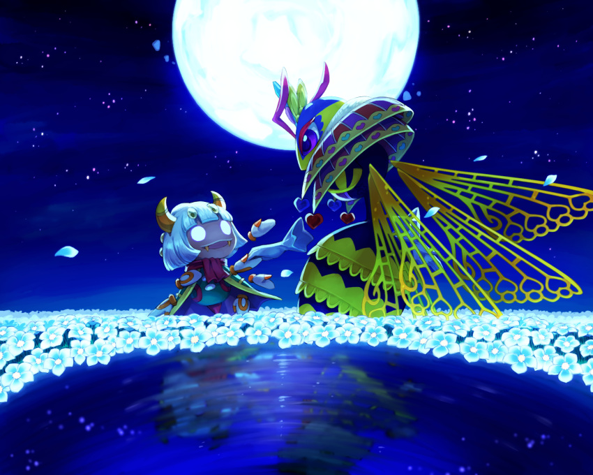 1boy 1girl antennae cape different_reflection disembodied_limb falling_petals fangs flower heart highres horns insect_wings kirby:_triple_deluxe kirby_(series) looking_at_another moon no_humans orusuta961 petals purple_eyes queen_sectonia reflection scarf star_(sky) taranza white_hair wings