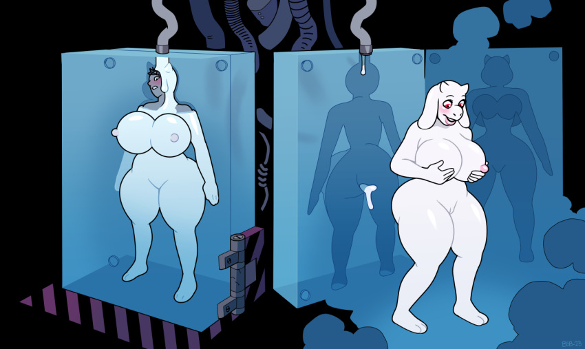 anthro areola big_breasts blackshirtboy blush boss_monster bovid breasts butt caprine casting_mold female gender_transformation genitals goat goo_transformation holding_breast horn human inside long_ears machine male mammal moulding nipples nude pussy red_eyes solo thick_thighs toriel transformation undertale undertale_(series) wide_hips