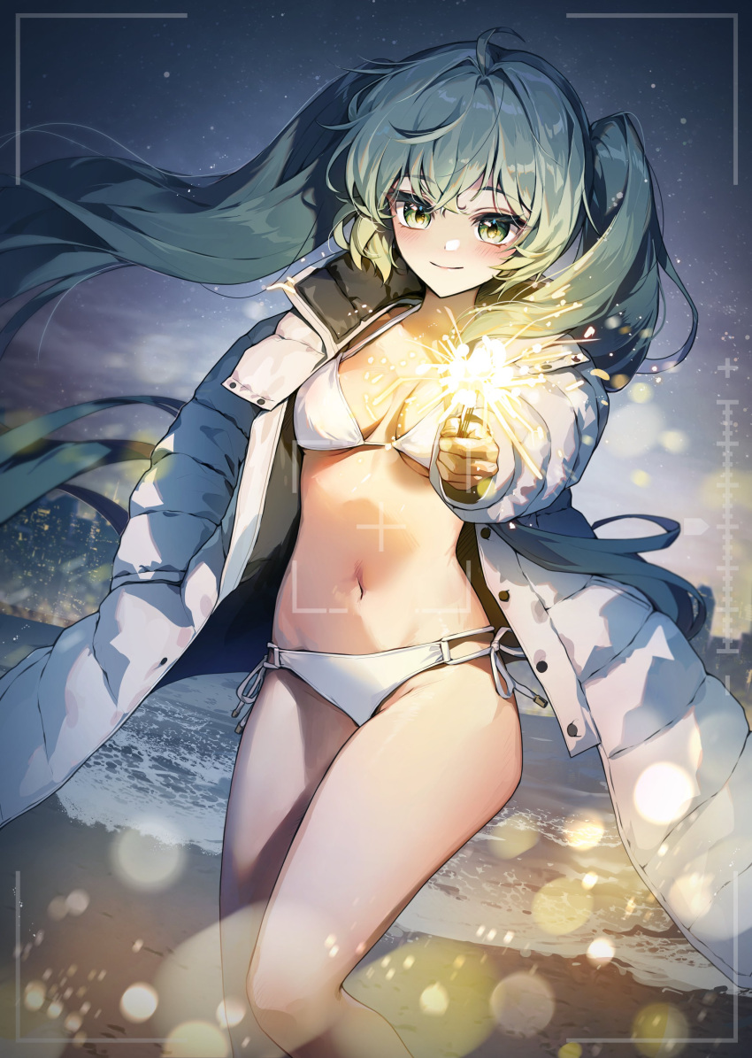 1girl absurdres ahoge aqua_eyes aqua_hair beach bikini blush breasts cika_k cityscape closed_mouth down_jacket dusk fireworks floating_hair hand_in_pocket hatsune_miku highres holding_fireworks jacket large_breasts light_particles long_hair miku_day navel outdoors side-tie_bikini_bottom smile solo sparkler stomach swimsuit twintails very_long_hair viewfinder vocaloid white_bikini white_jacket