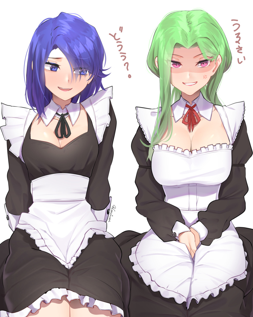 2girls absurdres adomiwan alternate_costume anger_vein aoi_(adomiwan) apron blue_eyes blue_hair breasts cleavage detached_collar enmaided eyes_visible_through_hair false_smile frilled_apron frills green_hair hair_over_one_eye highres long_hair long_sleeves looking_at_another looking_to_the_side maid maid_apron medium_breasts medium_hair midori_(adomiwan) multiple_girls original own_hands_together pink_eyes shaded_face signature simple_background smile two-tone_dress waist_apron white_apron white_background