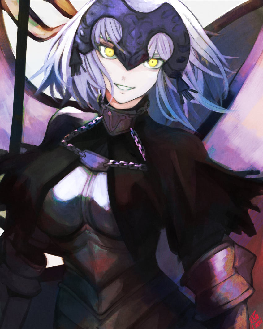 1girl armor armored_corset battle_standard chain cowter fate/grand_order fate_(series) gauntlets gorget head_piece highres jeanne_d'arc_alter_(avenger)_(fate) jeanne_d'arc_alter_(fate) looking_at_viewer moedredd short_hair solo standard_bearer white_hair wind yellow_eyes