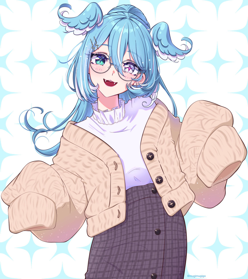 1girl blue_eyes blue_hair blue_wings blush brown_cardigan brown_skirt butterfly_earrings buttons cardigan checkered_clothes checkered_skirt collar earrings elira_pendora fangs frilled_collar frills glasses hair_between_eyes head_wings heterochromia high_ponytail highres jewelry long_hair long_skirt long_sleeves looking_at_viewer mugimugigo multicolored_hair nijisanji nijisanji_en official_alternate_costume official_alternate_hairstyle open_mouth purple_eyes round_eyewear shirt_tucked_in simple_background skirt sleeves_past_fingers sleeves_past_wrists smile solo sweater virtual_youtuber white_hair white_sweater wings