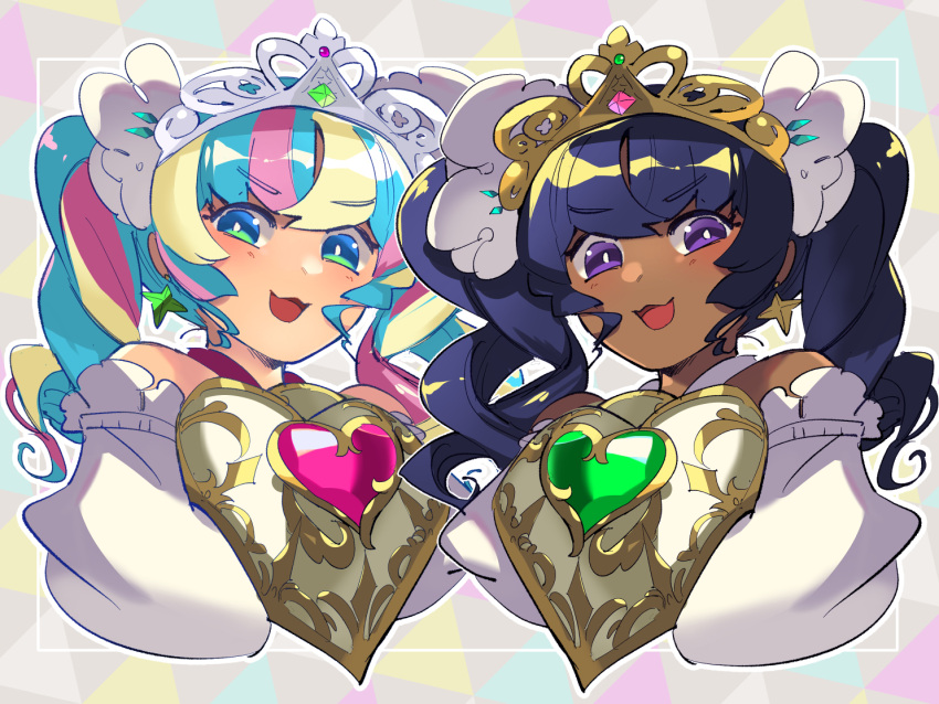 2girls aqua_hair armor black_hair blush breastplate cropped_torso dark-skinned_female dark_skin multicolored_hair multiple_girls palette_swap pink_hair princess_(sekaiju) princess_5_(sekaiju) purple_eyes sekaiju_no_meikyuu sekaiju_no_meikyuu_3 sekaiju_no_meikyuu_hd thcurry tiara twintails