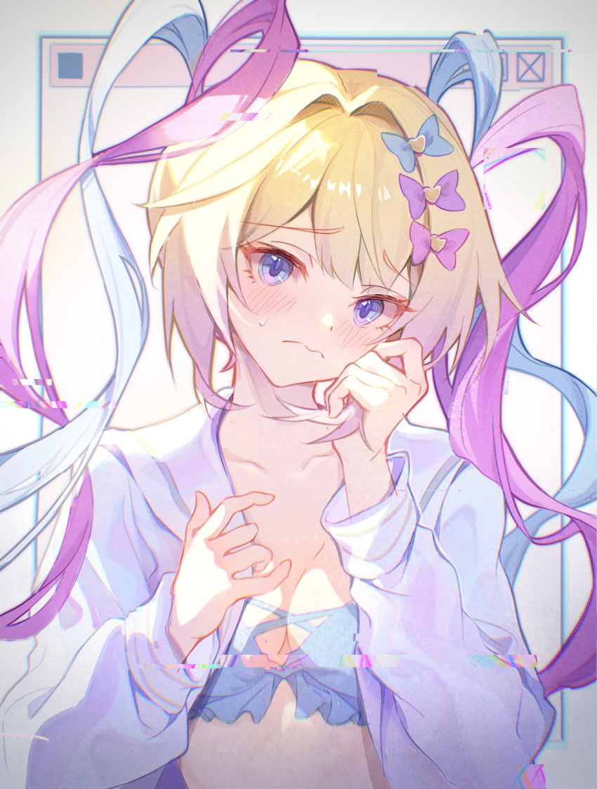 1girl absurdres ame-chan_(needy_girl_overdose) blonde_hair blue_bra blue_eyes blue_hair blush bow bra breasts closed_mouth cloudyman english_commentary hair_bow hands_up highres long_hair long_sleeves looking_at_viewer multicolored_hair needy_girl_overdose open_clothes open_shirt pink_hair playing_with_own_hair quad_tails shirt small_breasts solo sweat underwear upper_body white_shirt