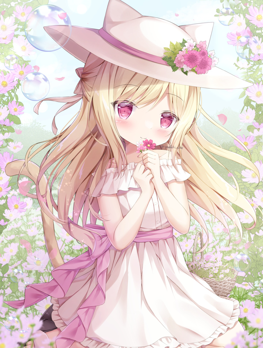 1girl absurdres animal_ears animal_hat barefoot basket blonde_hair blush bubble cat_girl cat_hat cat_tail day dress fake_animal_ears falling_petals field flower flower_field half_updo hat hat_flower hat_ribbon highres holding holding_flower long_hair looking_at_viewer off-shoulder_dress off_shoulder original outdoors petals pink_eyes ribbon shoes shoes_removed sitting smile solo sun_hat tail very_long_hair wind yokozuwari yuduki_pdx