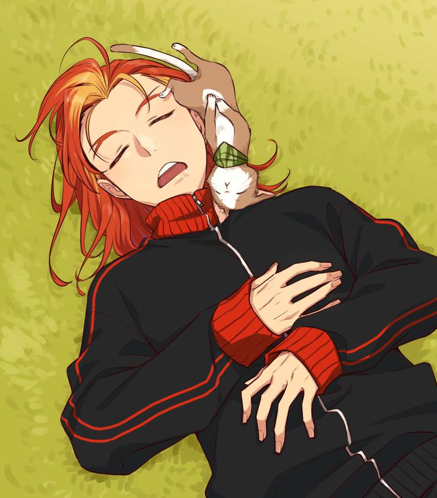 1boy absurdres akai_suzaku blonde_hair cat closed_eyes drooling fukai_(yas_lions) grass hair_down hands_on_own_chest hat highres idolmaster idolmaster_side-m lying male_focus multicolored_hair nyako_(idolmaster) on_back open_mouth red_hair scarf sleeping track_suit zipper_pull_tab