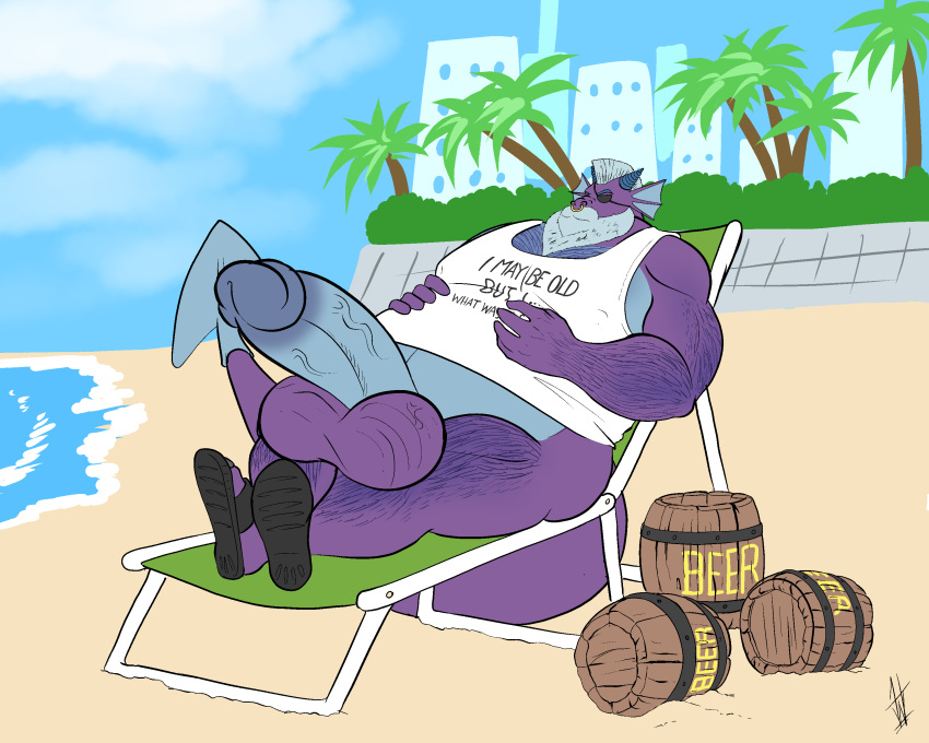 alcohol anthro arm_hair balls beach beach_chair beard beer beer_keg belly belly_hair beverage big_balls big_belly big_muscles big_nipples big_penis body_hair bottomless chest_hair city cityscape clothed clothing demino_(deminothedragon) digital_media_(artwork) dragon drunk exhibitionism eye_patch eyewear facial_hair female footwear genitals hair half-erect hi_res hikaristar_art horn huge_balls huge_nipples huge_penis humanoid_genitalia humanoid_penis leg_hair male mature_male mohawk musclegut muscular muscular_anthro muscular_male nipples obese obese_male old overweight overweight_anthro overweight_male palm_tree penis plant public public_nudity sand sandals scalie sea seaside shirt shoes sleeping solo substance_intoxication tank_top text thick_thighs topwear tree vein veiny_penis water