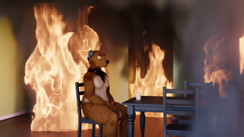 2023 3d_(artwork) anthro bear bearphones brown_bear burning_building chair coffee_mug digital_media_(artwork) fire furniture grizzly_bear headphones hi_res inside male mammal nude sitting solo table this_is_fine torturedtorchic ursine yellow_eyes