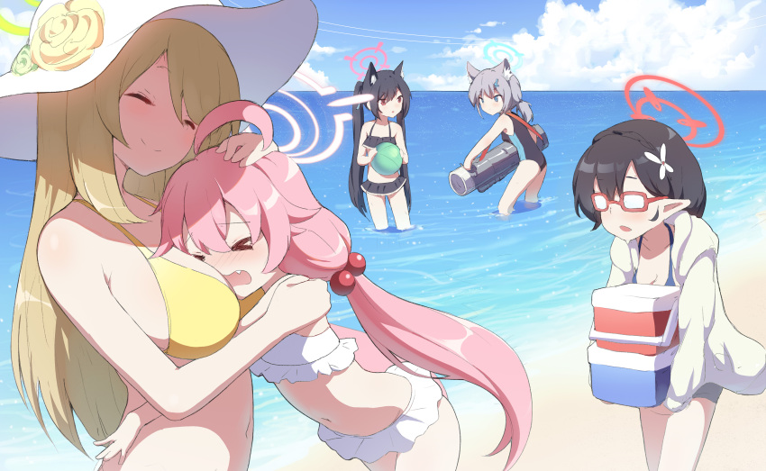 &gt;_&lt; 5girls absurdres ahoge animal_ears ayane_(blue_archive) ayane_(swimsuit)_(blue_archive) ball beach beachball bikini black_hair blonde_hair blue_archive blue_sky breast_smother breasts cat_ears closed_eyes closed_mouth cloud commentary day english_commentary face_to_breasts fang foreclosure_task_force_(blue_archive) glasses hair_bobbles hair_ornament halo hand_on_another's_head hat highres holding holding_ball horizon hoshino_(blue_archive) hoshino_(swimsuit)_(blue_archive) hug large_breasts long_hair multiple_girls nonomi_(blue_archive) nonomi_(swimsuit)_(blue_archive) ocean official_alternate_costume opaque_glasses outdoors pink_hair pointy_ears qkracho_(thesdroz) serika_(blue_archive) serika_(swimsuit)_(blue_archive) shiroko_(blue_archive) shiroko_(swimsuit)_(blue_archive) sky smile sun_hat swimsuit wading water white_bikini wolf_ears yellow_bikini