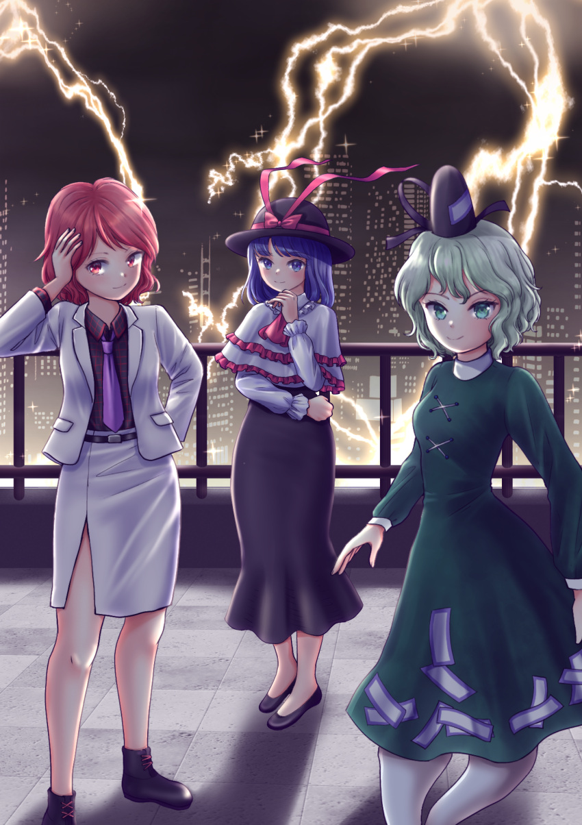 3girls ascot black_footwear black_headwear black_shirt black_skirt boots bow building capelet city closed_mouth collared_shirt commentary_request cross-laced_clothes dress full_body ghost_tail green_dress green_eyes hat hat_bow highres horikawa_raiko jacket kyabekko lightning long_sleeves looking_at_viewer multiple_girls nagae_iku necktie ofuda ofuda_on_clothes outdoors plaid plaid_shirt power_connection purple_eyes purple_hair purple_necktie red_ascot red_bow red_eyes red_hair shirt skirt skyscraper smile soga_no_tojiko standing tate_eboshi touhou white_capelet white_jacket white_skirt