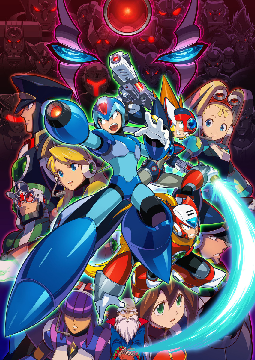 4girls 6+boys agile_(mega_man) alia_(mega_man) arm_cannon armor axl_(mega_man) bald beard beret bit_(mega_man) blonde_hair blue_eyes bodysuit brown_hair byte_(mega_man) clenched_teeth closed_mouth colonel_(mega_man) commentary dark_skin double_(mega_man) douglas_(mega_man) dr._cain_(mega_man) dr._doppler_(mega_man) dual_wielding dynamo_(mega_man) energy_sword facial_hair full_body gate_(mega_man) glowing glowing_eyes goggles green_eyes grin hair_between_eyes hat headset helmet high_max_(mega_man) highres holding holding_weapon iris_(mega_man) isoc_(mega_man) joints layer_(mega_man) long_hair looking_at_viewer lumine_(mega_man) mega_man_(series) mega_man_x1 mega_man_x2 mega_man_x3 mega_man_x4 mega_man_x5 mega_man_x6 mega_man_x7 mega_man_x_(series) mizuno_keisuke mole mole_under_eye multiple_boys multiple_girls official_art open_mouth pallette_(mega_man) parted_lips purple_hair red_(mega_man_x) robot_joints serges_(mega_man) sigma_(mega_man) signas_(mega_man) simple_background smile spanish_commentary sword teeth third-party_source upper_teeth_only vile_(mega_man) violen_(mega_man) weapon x_(mega_man) zero_(mega_man)