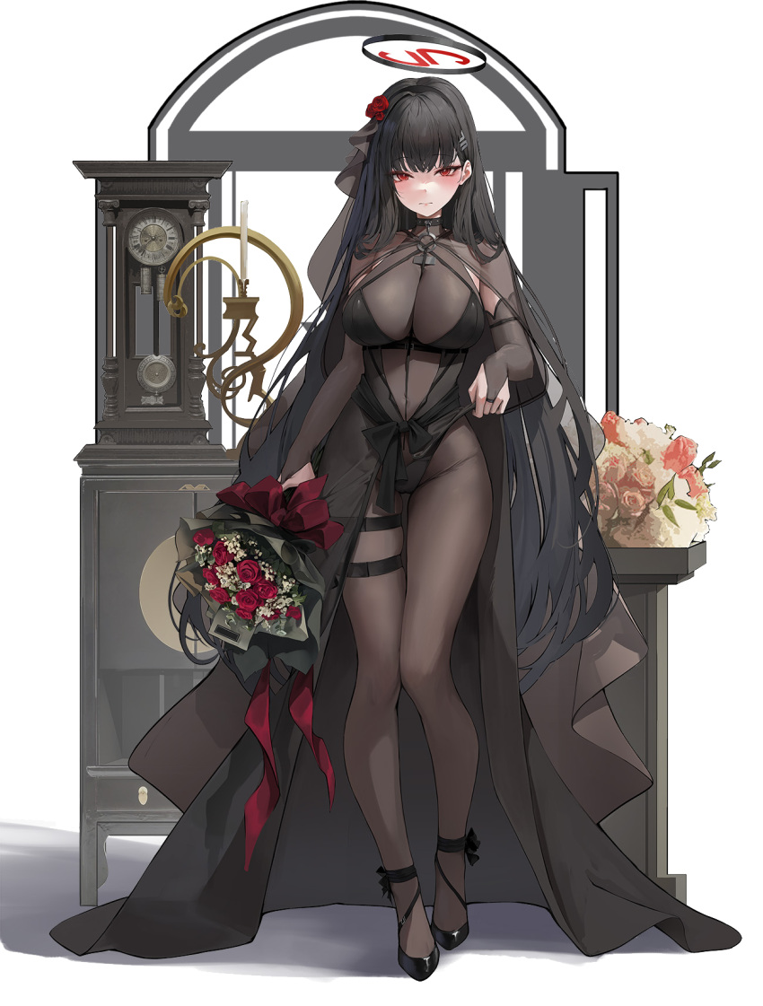 1girl alternate_costume black_bodysuit black_dress blue_archive blush bodysuit bouquet bridal_gauntlets bridal_veil cameltoe candle candlestand clock covered_navel detached_sleeves dress flower full_body grandfather_clock groin hair_flower hair_ornament halo highres holding holding_bouquet leviathan_(hikinito0902) long_hair looking_at_viewer o-ring red_eyes red_flower red_rose rio_(blue_archive) rose see-through_bodysuit skindentation solo straight_hair thigh_gap thigh_strap transparent_background veil very_long_hair