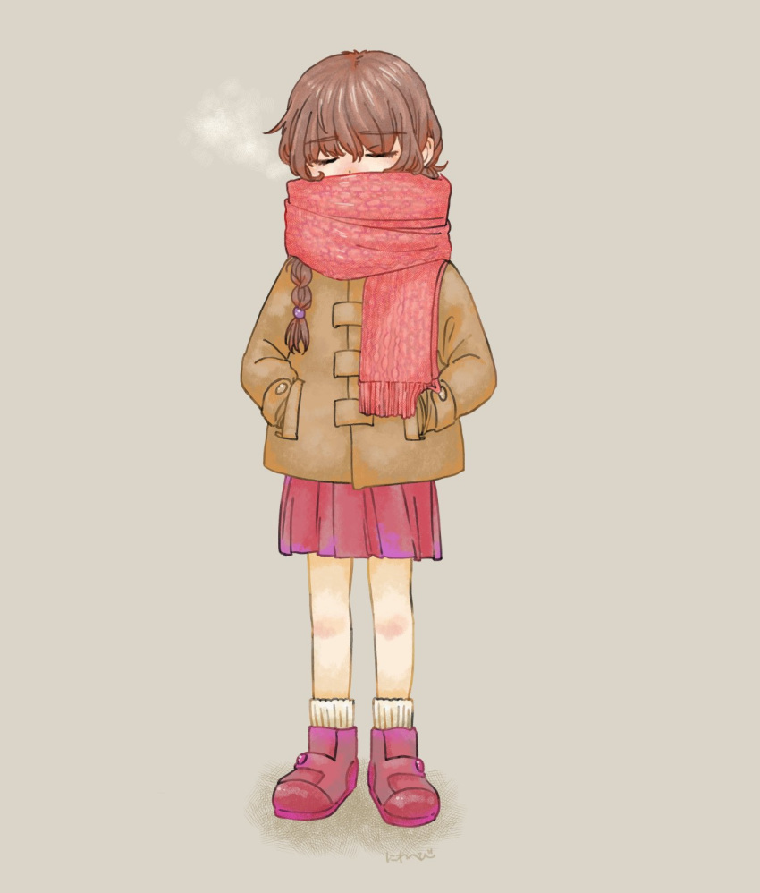 1girl alternate_costume blush boots braid breath brown_coat brown_hair closed_eyes coat cold commentary_request covered_mouth ear_blush facing_viewer full_body hands_in_pockets highres light_brown_background long_sleeves madotsuki niwasakino_daei pleated_skirt red_footwear red_scarf red_skirt scarf simple_background skirt socks solo standing straight-on white_socks yume_nikki