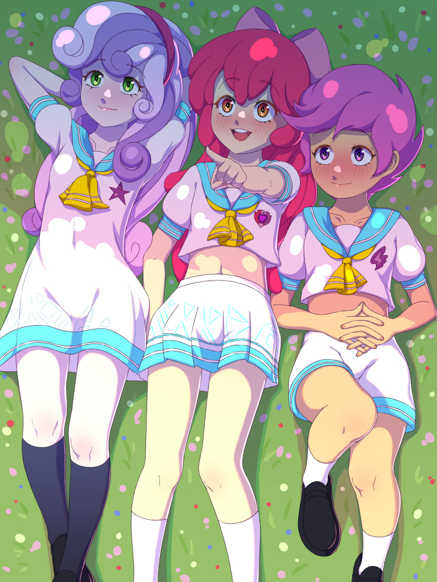 3girls apple_bloom arms_behind_head bow cutie_mark grass green_eyes hair_bow headband highres lying midriff multiple_girls my_little_pony my_little_pony:_equestria_girls my_little_pony:_friendship_is_magic navel on_grass pointing red_hair rockset sailor_collar school_uniform scootaloo serafuku skirt socks sweetie_belle