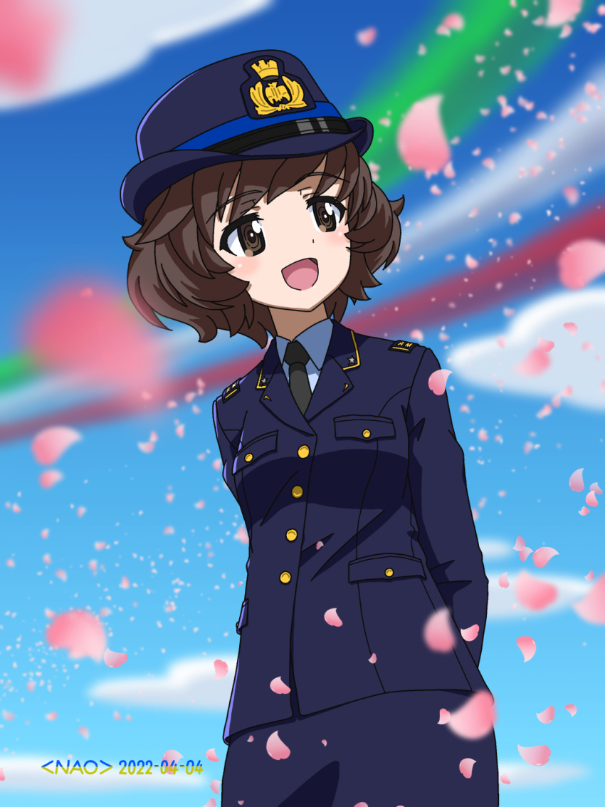 1girl akiyama_yukari arms_behind_back artist_name azzurra_(aeronautica_militare_italiana) azzurra_(aeronautica_militare_italiana)_(cosplay) black_necktie blue_headwear blue_jacket blue_shirt blue_skirt blue_sky blurry blurry_background brown_eyes brown_hair cherry_blossoms cloud cloudy_sky commentary contrail cosplay cowboy_shot dated day dress_shirt female_service_cap girls_und_panzer hat highres insignia italian_air_force jacket long_sleeves looking_to_the_side messy_hair military military_hat military_uniform naotosi necktie open_mouth original outdoors pencil_skirt petals shirt short_hair skirt sky smile solo standing uniform wind wing_collar