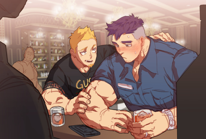 4boys bar_(place) bara blonde_hair blush collared_shirt comforting cup from_side goatee_stubble hand_on_another's_arm hand_on_another's_back highres holding holding_cup jewelry looking_at_another male_focus multiple_boys muscular muscular_male nervous_sweating original pectoral_cleavage pectorals purple_hair ring shirt short_hair spiked_hair sweat sweatdrop thick_arms thick_eyebrows ttn_(239_239) undercut worried yaoi