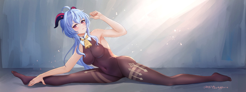 1girl ahoge bare_arms bare_shoulders bell blue_hair blush bodysuit breasts commentary_request covered_navel full_body ganyu_(genshin_impact) genshin_impact goat_horns highres horns large_breasts long_hair looking_at_viewer mitsukayurie parted_lips red_eyes sleeveless solo split thighs