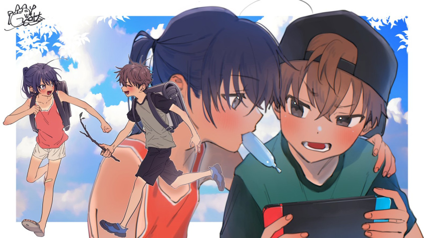 2boys backwards_hat bag blue_sky blush ferea_bimi friends hand_on_another's_shoulder hat holding holding_stick lower_teeth_only male_focus mouth_hold multiple_boys nintendo_switch original otoko_no_ko sandals school_bag short_hair shorts signature sky stick tank_top teeth