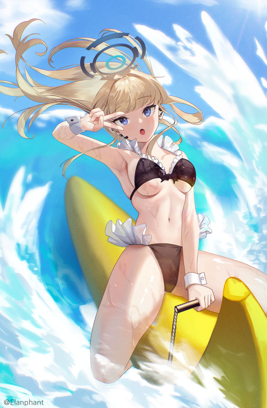 1girl absurdres armpits banana_boat bikini black_bikini blonde_hair blue_archive blue_eyes blue_sky breasts day elanphant halo highres large_breasts long_hair looking_at_viewer navel ocean open_mouth riding sky solo stomach swimsuit toki_(blue_archive) v_over_eye wrist_cuffs