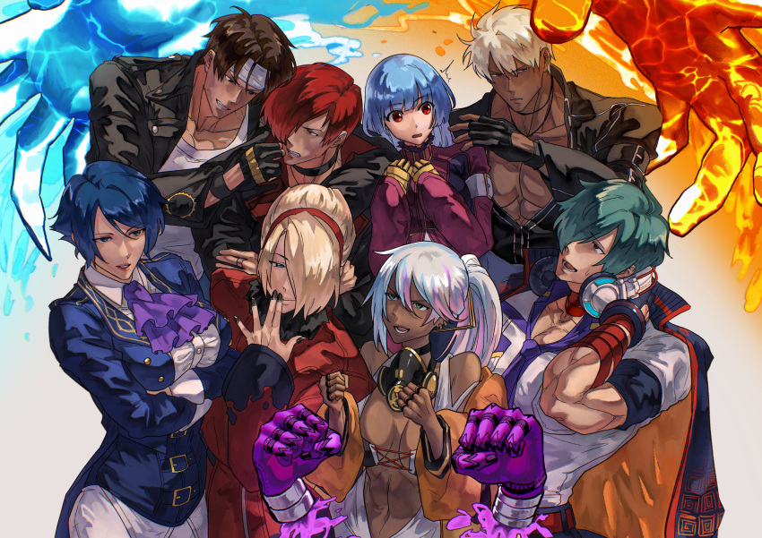 absurdres ash_crimson bandages belt blue_hair breasts choker dark-skinned_female dark_skin disembodied_limb earrings elisabeth_blanctorche finger_tattoo fingerless_gloves fire gloves green_eyes green_hair hair_over_one_eye headphones highres isla_(kof) jacket jacket_on_shoulders jewelry k'_(kof) kula_diamond kusanagi_kyou light_blue_hair long_hair mask mask_around_neck multicolored_hair multiple_boys multiple_girls necktie oversized_clothes ponytail red_eyes respirator short_hair shun'ei snk syachiiro tank_top tattoo the_king_of_fighters the_king_of_fighters_xv thumb_ring torn_clothes torn_tank_top white_hair yagami_iori